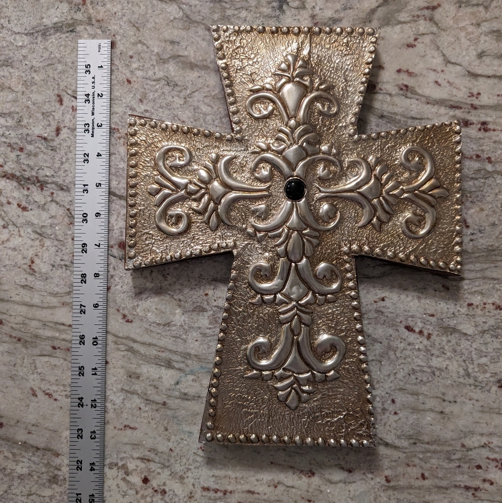Wall Art Cross Wood Covered W/ Hammered Metal Christian Silver Tone 13.5"H